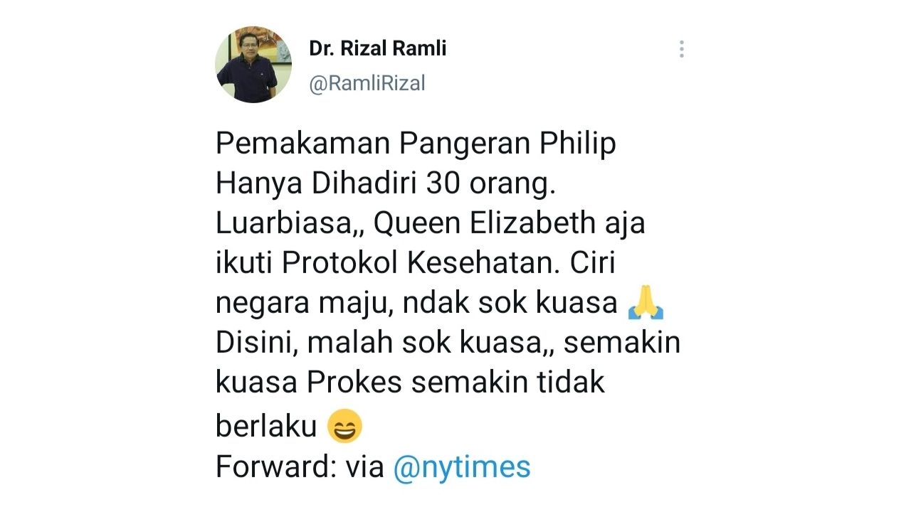 Cuitan Rizal Ramli di akun Twitter pribadinya.