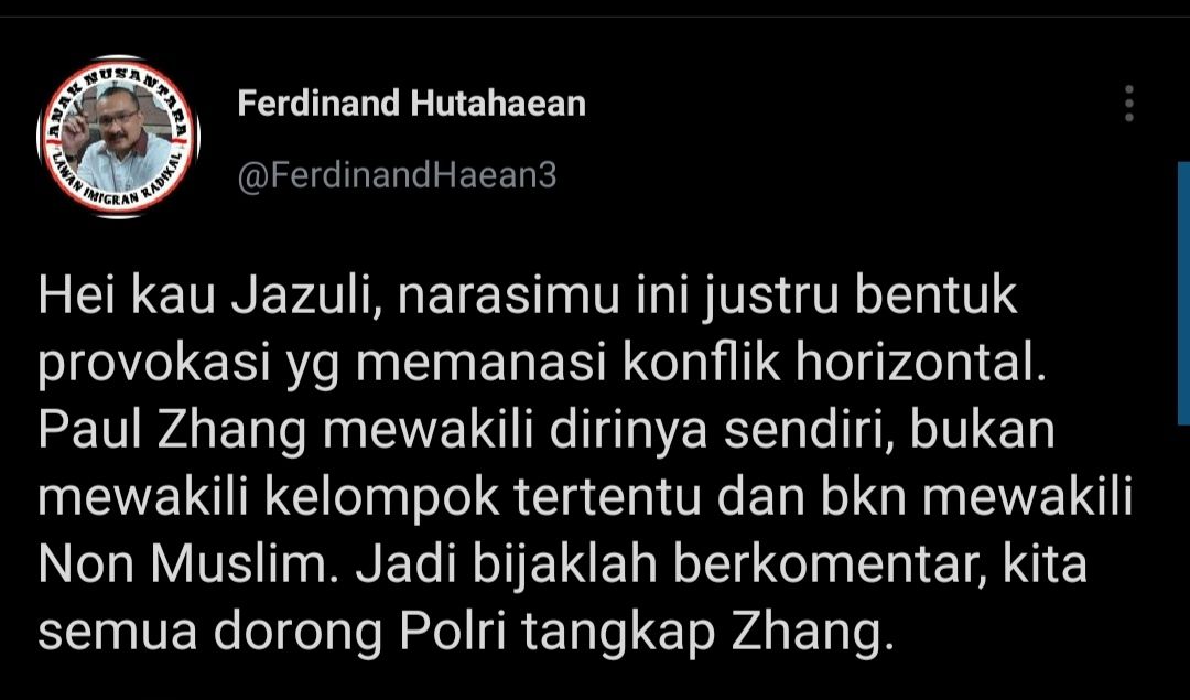 Cuitan Ferdinand Hutahaean yang respons pernyataan Jazuli Juwaini soal Jozeph Paul Zhang.