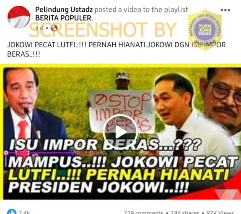 HOAKS - Jokowi akan mereshuffle kabinet dan Menteri Perdagangan Muhammad Lutfi dipecat karena isu impor beras.*