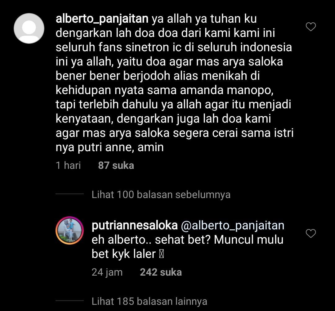 Salah satu komentar warganet terhadap unggahan di Instagram Putri Anne, istri Arya Saloka, pemain Ikatan Cinta,.
