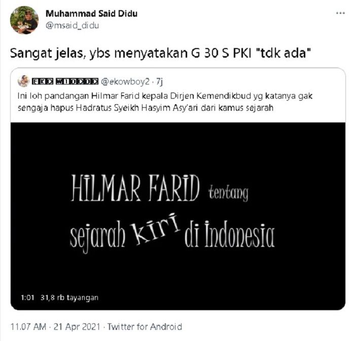 Said Didu angkat suara soal jejak digital video Dirjen Kemendikbud Hilmar Farid terkait G30S/PKI.