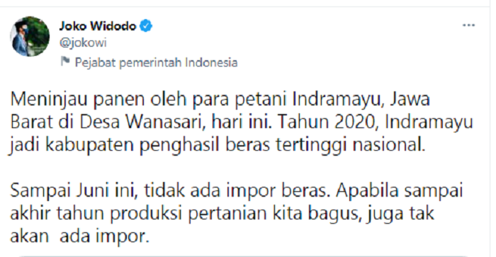 Presiden Joko Widodo (Jokowi) memastikan tidak akan ada impor beras usai bertemu dengan petani Indramayu, Rabu, 21 April 2021.*