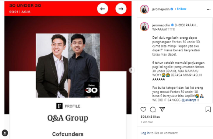 Jerome Polin dan sang kakak, Jehia Panangian Sijabat masuk Forbes 30 Under 30 Asia dalam kategori Q&A Group.*