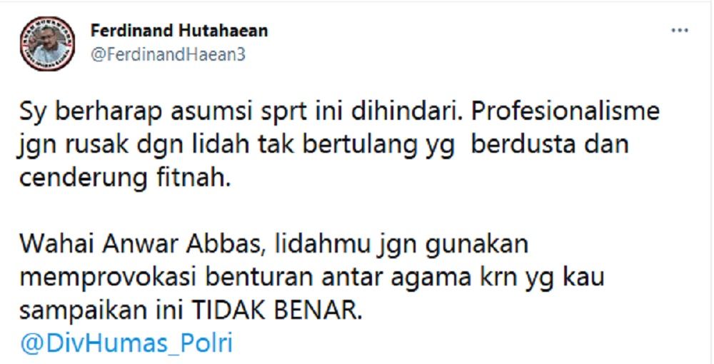 Tanggapi Pernyataan Anwar Abbas Singgung Kapolri Soal JPZ, Ferdinand Hutahaean: ini Tidak Benar