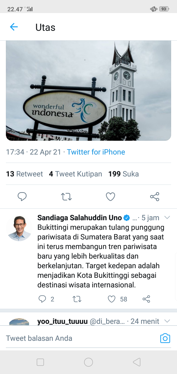 Sandiaga Salahuddin Uno mengatakan Bukittinggi merupakan tulang punggung pariwisata di Sumatera Barat