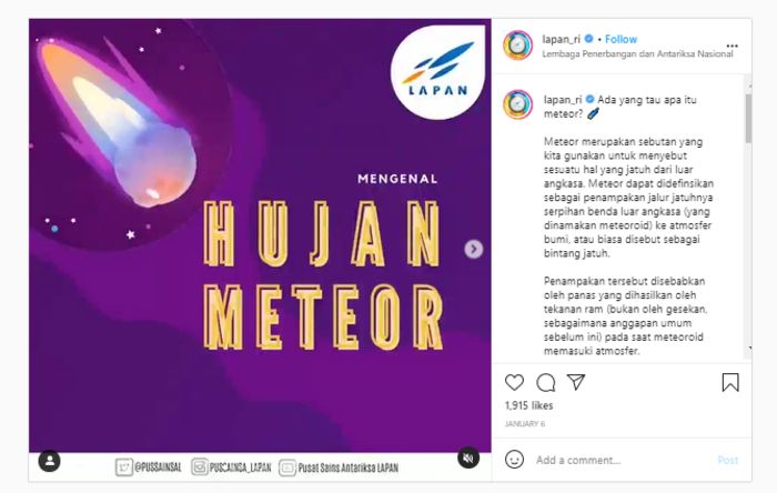 Tangkap layar unggahan akun resmi Instagram @lapan_ri tentang hujan meteor.*