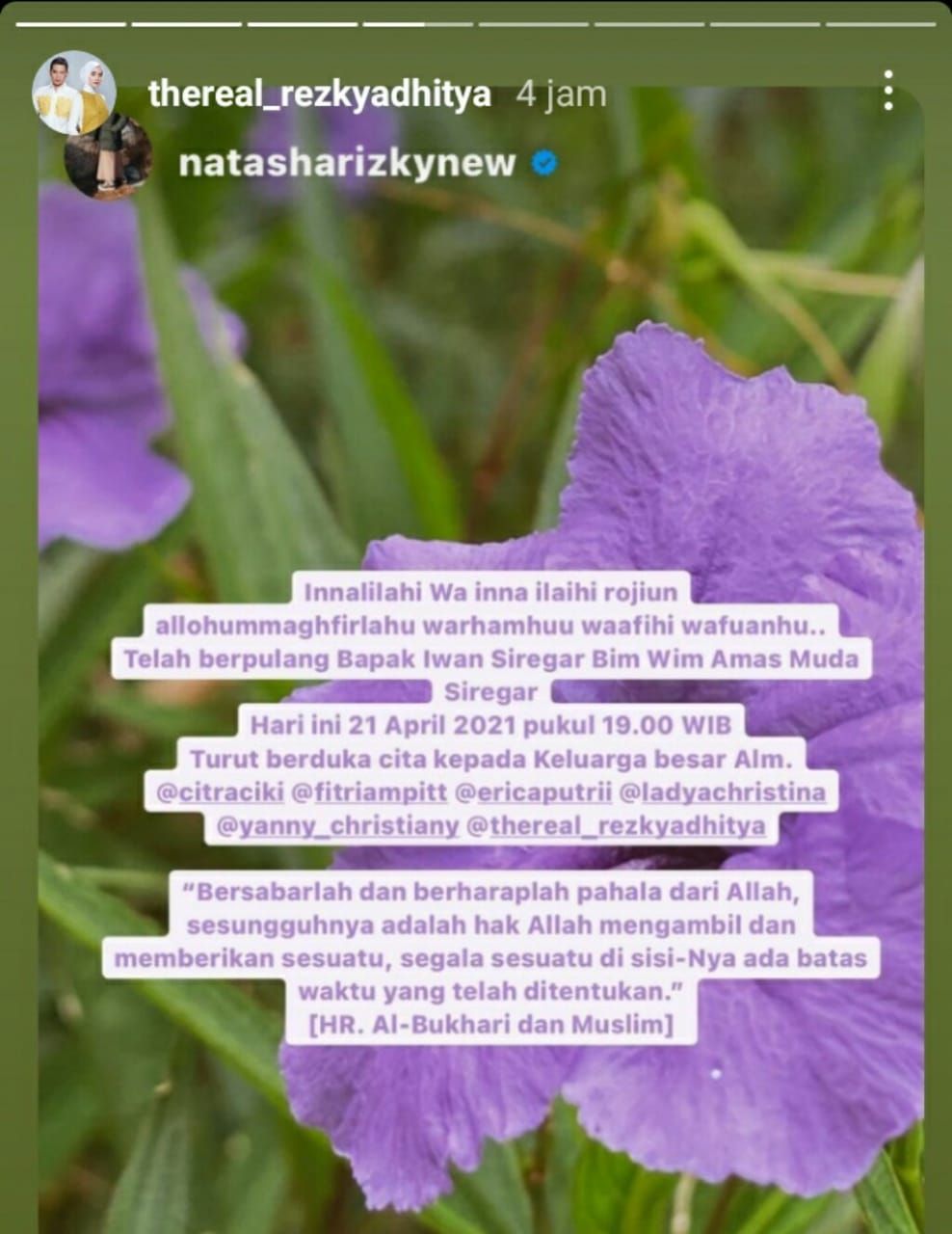 Postingan duka cita Rezky Adhitya di instagram stories miliknya