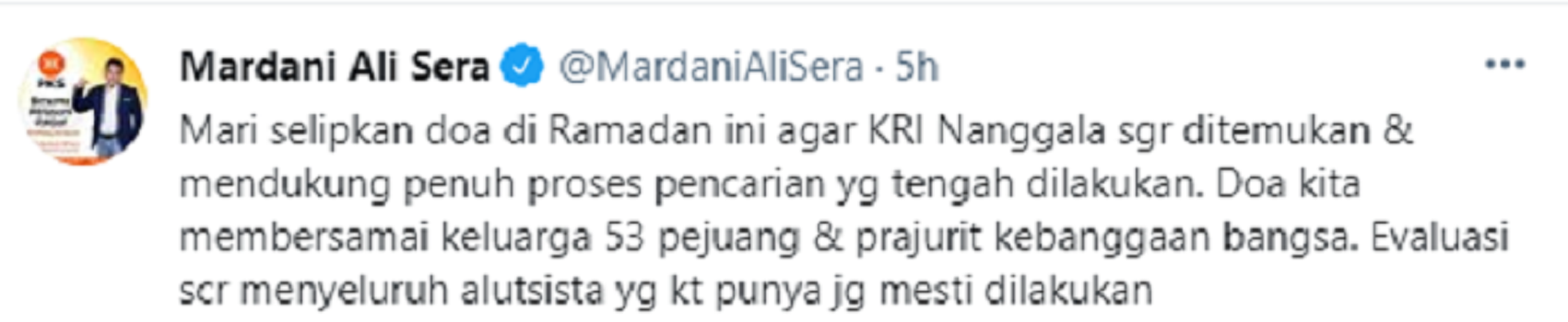 Mardani Ali Sera meminta untuk mengavulasi alitsista usai kapal selama KRI Nanggala 402 dikabarkan hilang konak, Rabu, 21 April 2021.*