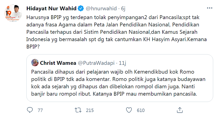 Cuitan balasan Hidayat Nur Wahid.*