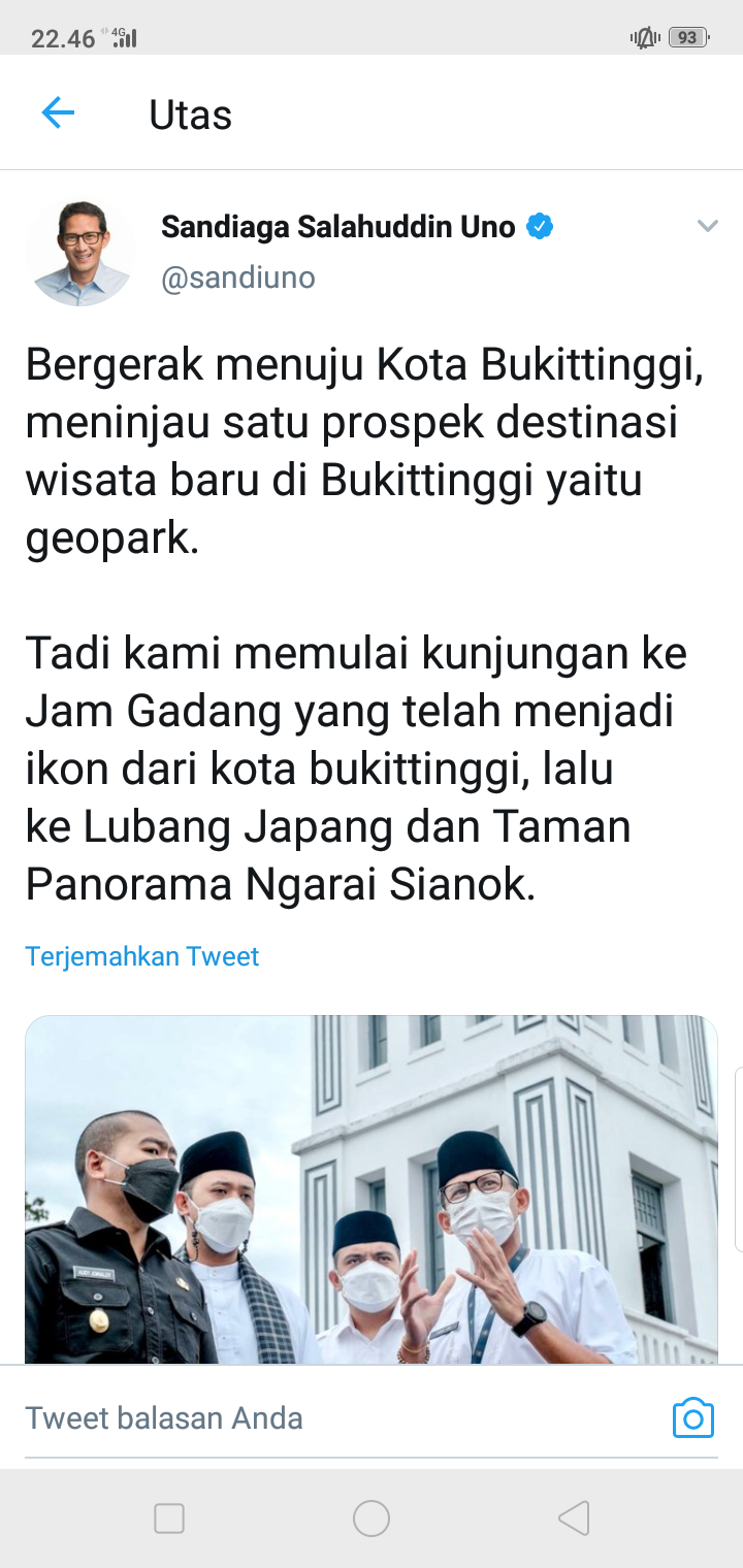 Sandiaga Salahuddin Uno Menteri Pariwisata dan Ekonomi Kreatif mengunjungi tempat destinasi wisata Kotabukittinggi