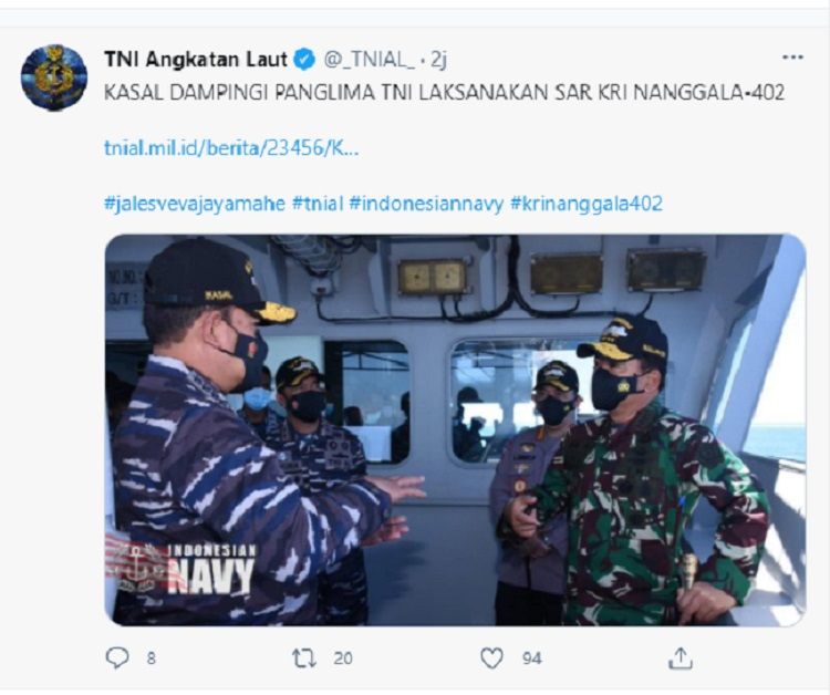 kepala Staf Angkatan Laut mendampingi Panglima TNI dalam pencarian KRI Nanggala 402