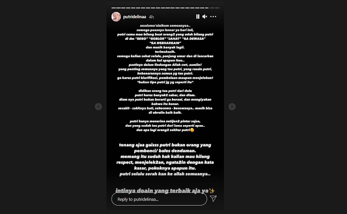 Isi pesan Putri Delina di fitur Instagram story pada Jumat, 23 April 2021.