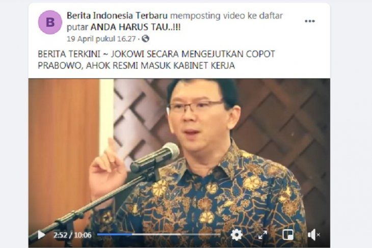Tangkapan layar berita hoaks Jokowi telah mencopot Menhan Prabowo dan Ahok masuk ke kabinet.