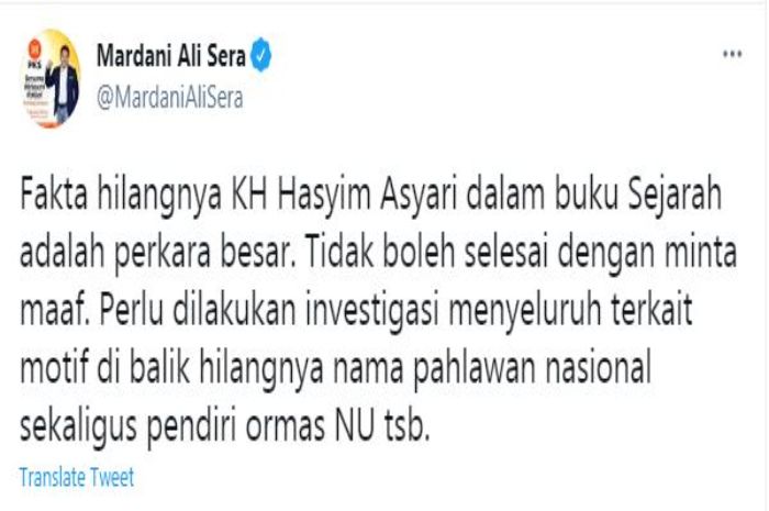 Cuitan Mardani Ali Sera terkait peniadaan nama penidir NU di Kamus Sejarah Indonesia.*