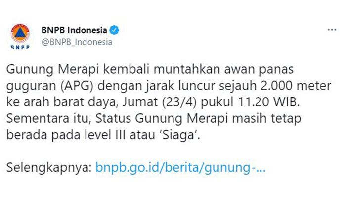 tangkapan layar twitter BNPB Indonesia hari ini Jumat 23 April 2021