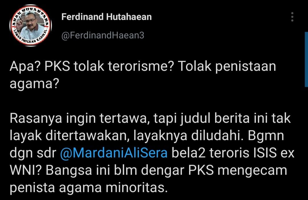 Cuitan Ferdinand Hutahaean yang respons pernyataan PKS soal terorisme.