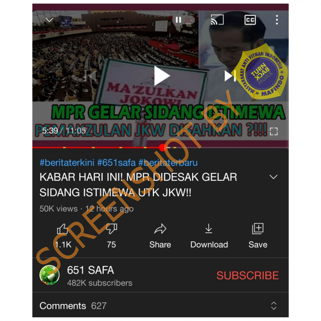 HOAKS - Beredar video menyebut jika MPR RI disebut menggelar sidang istimewa untuk memakzulkan Jokowi pada 21 April 2021.*