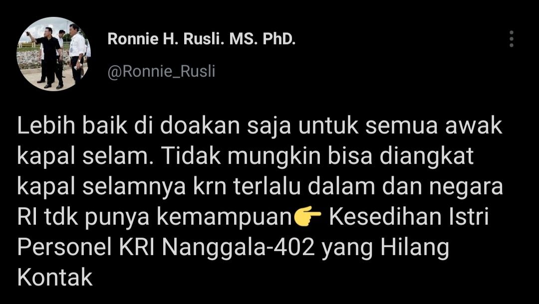 Cuitan Ronnie Rusli soal KRI Nanggala-402.