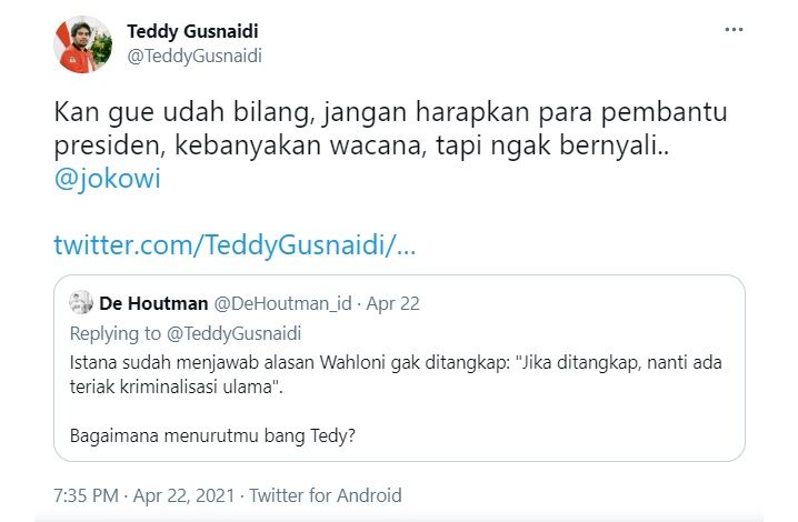 Tangkapan layar cuitan Teddy Gusnaidi.