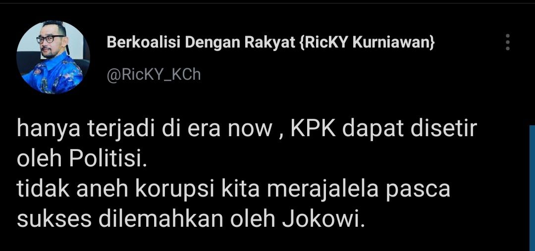 Cuitan Ricky Kurniawan yang soroti dugaan keterlibatan Azis Syamsuddin dalam kasus korupsi Walkot Tanjungbalai.