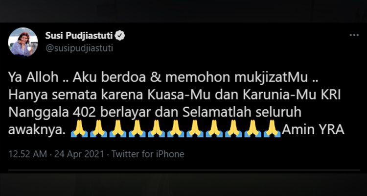  Mantan Menteri Kelautan dan Perikanan (KKP) Susi Pudjiastuti turut mendo'akan KRI Nanggal agar segera ditemukan