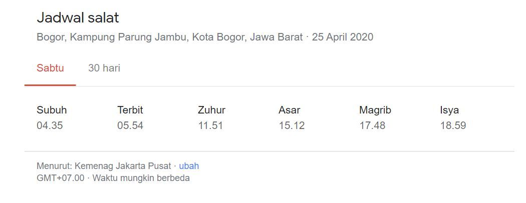 Jadwal waktu sholat wilayah Bogor, Minggu, 25 April 2021.