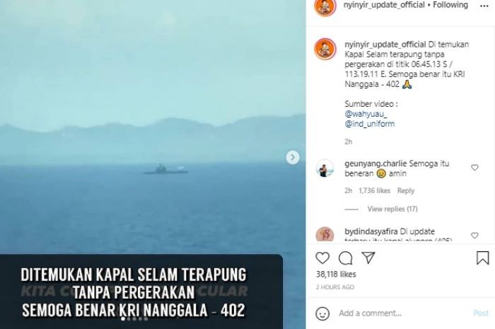 Viral video diduga penemuan kapal selam KRI Nanggala 402 yang hilang kontak di perairan Bali. Pengunggah video memberikan klarifikasi.*