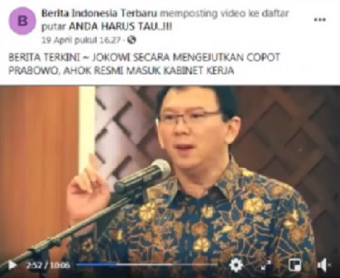 Tangkapan layar hoaks berisi klaim Ahok ditarik Jokowi jadi menteri.
