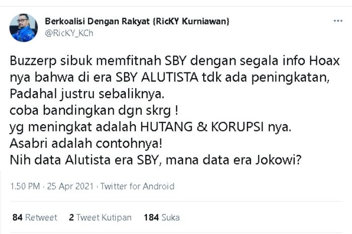 Cuitan Ricky Kurniawan soal fitnah buzzerRP yang menyerang SBY soal perkembangan alutsista.