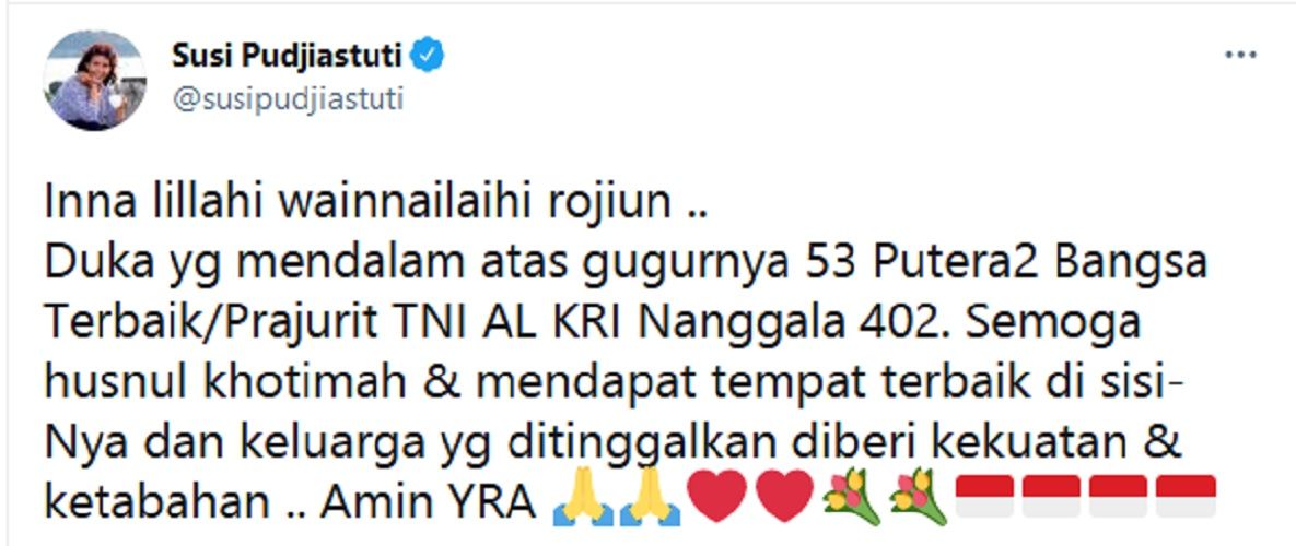 Tanggapi Penyataan Panglima TNI Soal Personil KRI Nanggala 402, Susi Pudjiastuti: Semoga Husnul Khatimah