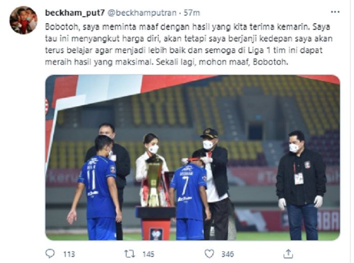 Beckham Putra Nugraha menyampaikan permohonan maaf kepada Bobotoh usai Persib menelan kekalahan di laga final Piala Menpora 2021.*