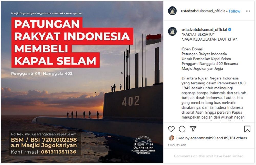 KRI Nanggala 402 Tenggelam, Masjid Jogokariyan Yogyakarta Open Donasi untuk Beli Kapal Selam Baru