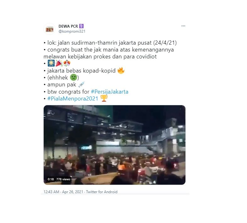 Tangkapan layar cuitan seorang netizen yang membagikan video perayaan kemenangan Persija.