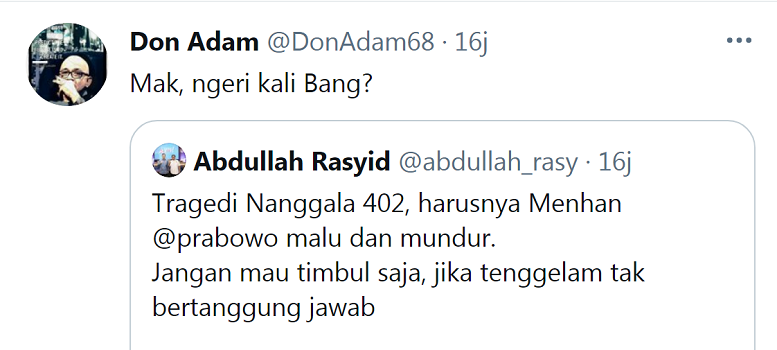 Cuitan balasan Don Adam terhadap cuitan Abdullah Rasyid.