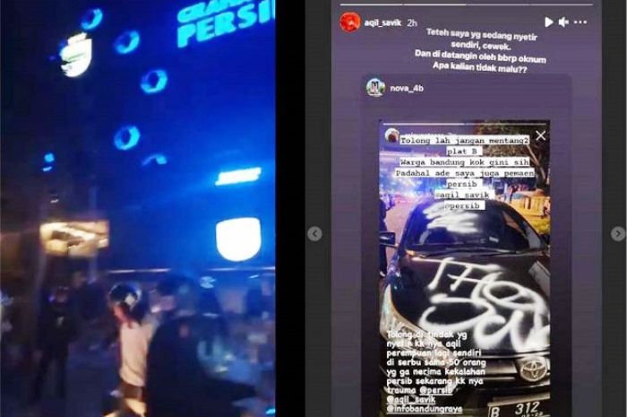 Kolase unggahan video penyerangan Graha Persib di Twiter dan tindakan anarkis terhadap mobil keluarga Kiper Persib Aqil Savik di Instagram.*
