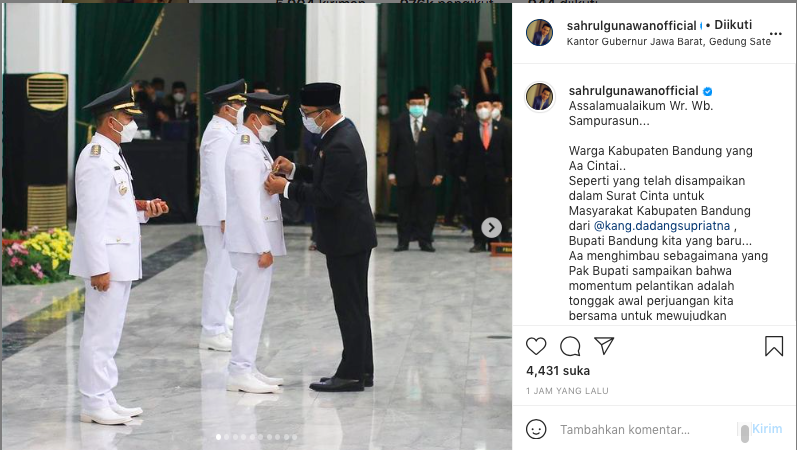 Postingan Sahrul Gunawan pasca dilantik jadi Wakil Bupati Bandung.*