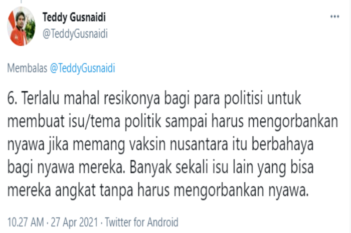 Cuitan Teddy Gusnaidi yang menanyakan apakah IDI partai politik.*
