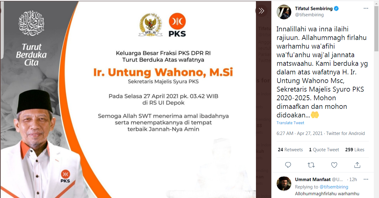 Selamat Jalan Selamanya, Anggota DPR RI dari PKS Tifatul Sembiring Sampaikan Kabar Duka Wafatnya Untung Wahono