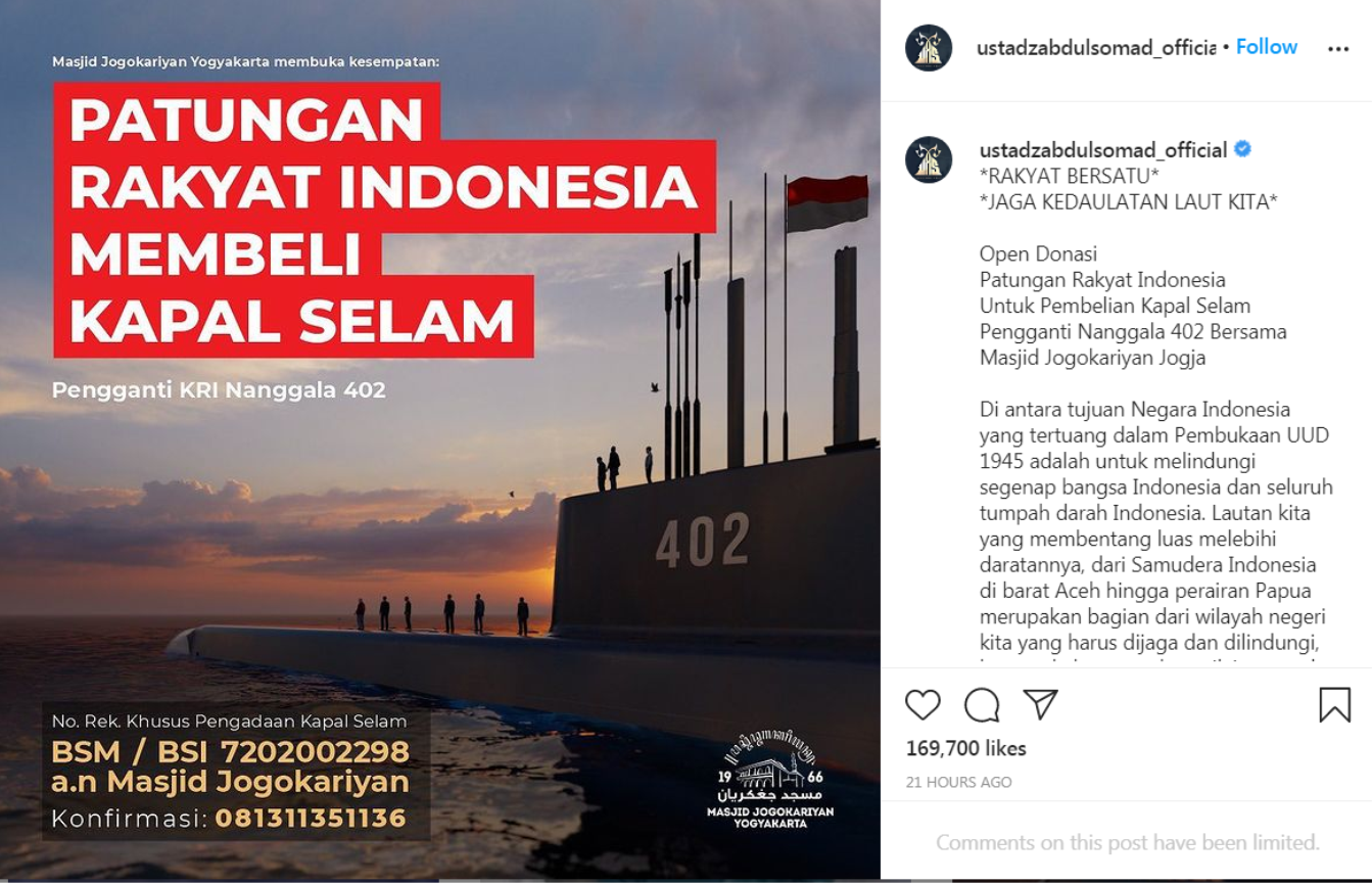 Poster penggalangan dana patungan untuk membeli kapal selam yang diinisiasi Ustad Abdul Somad/Instagram/@ustadzabdulsomad_official
