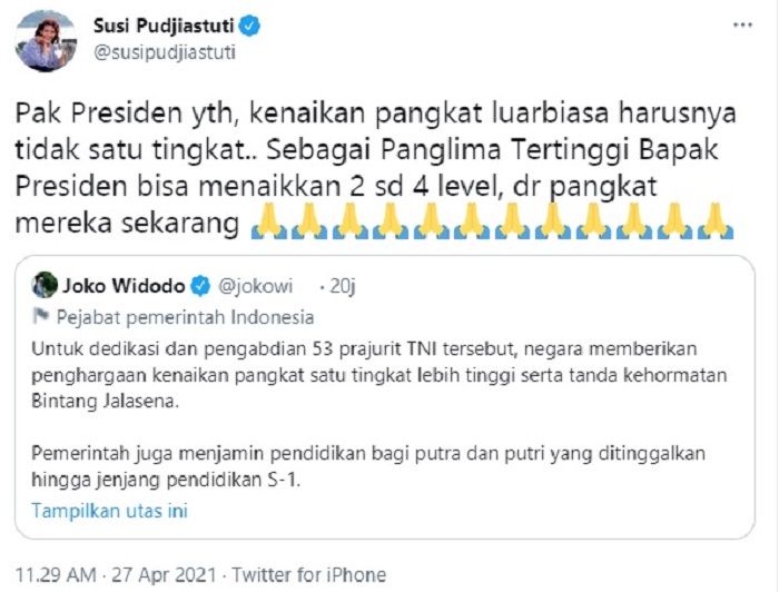 Cuitan Susi Pudjiastuti yang mengkomentari cuitan Presiden Jokowi.*