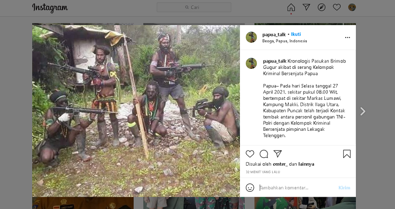 Tangkap layar. Akun Instagram @papua_talk mengabari terkait kontak senjata personil Brimob dengan KKB Papua.
