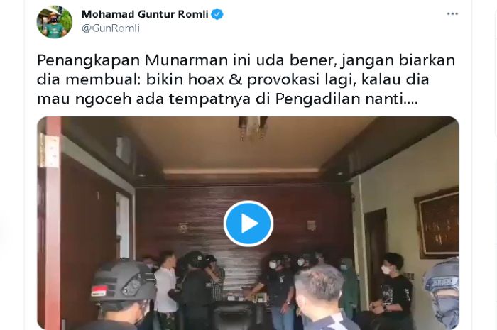 Cuitan Guntur Romli terkait penangkapan Mantan Sekum FPI Munarman oleh Densus 88.