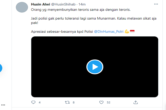 Husin Shihab mengapresiasi Polri usai menangkap Munarman usai diduga terlibat dalam kegiatan baiat teroris di Jakarta, Medan, dan Makassar.*