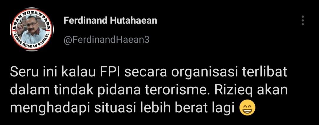 Ferdinand Hutahaean menanggapi terkait penangkapan Munarman. Ia menyebut situasi Rizieq akan menjadi lebih berat.*