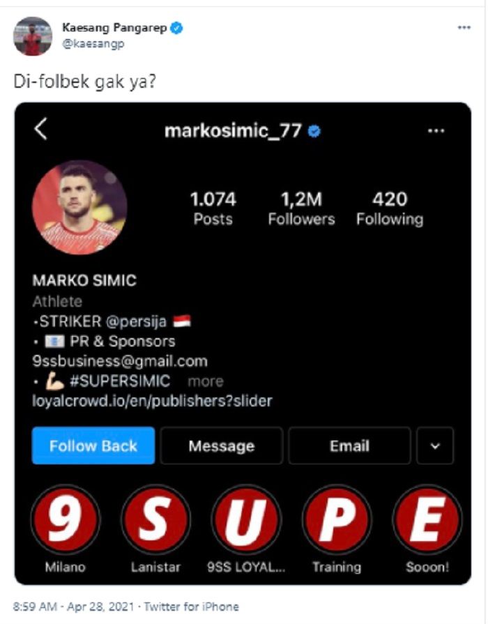 Akun Instagram milik Kaesang Pangarep diikuti oleh striker Persija Jakarta, Marko Simic. Fans menyarankan dirinya merekutnya ke Persis Solo.*