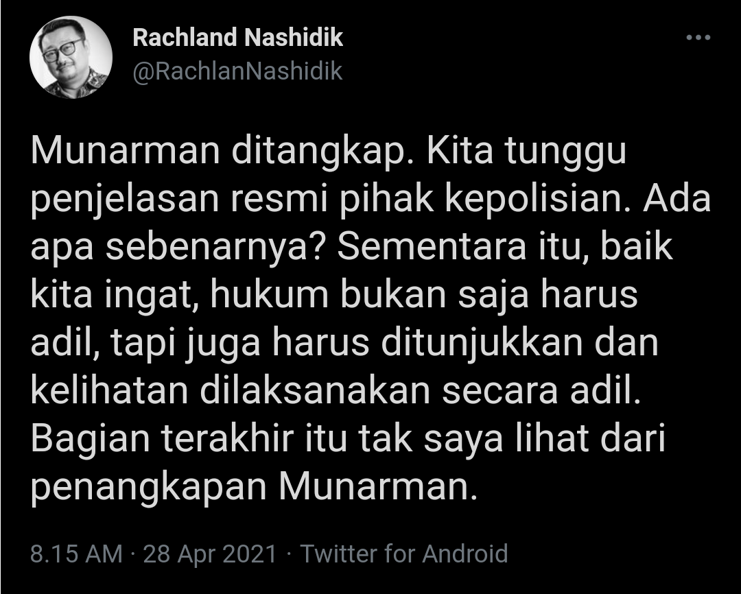 Tangkapan layar cuitan Rachland Nasihidik soal penangkapan Munarman.