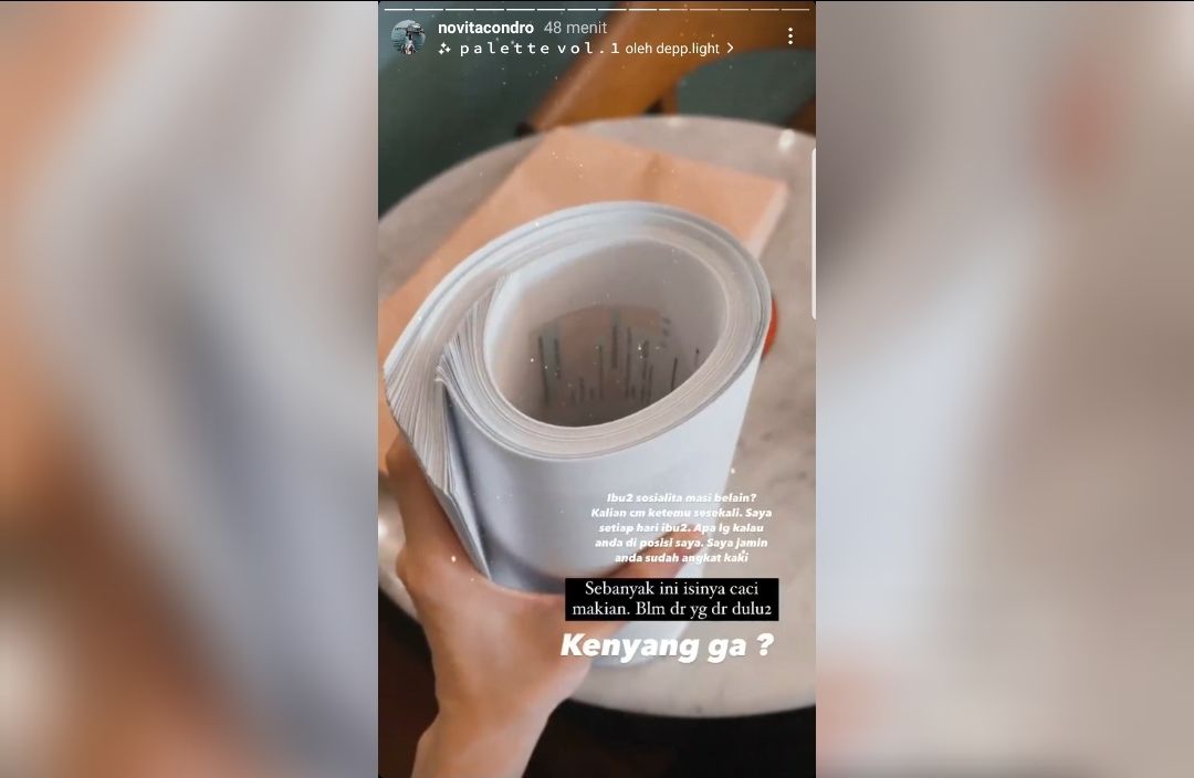 Unggahan story Instagram memperlihatkan gulungan kertas diduga berisi tangkapan layar chatting Novita Condro di tengah kabar keretakan rumah tangga dengan Kapten Vincent