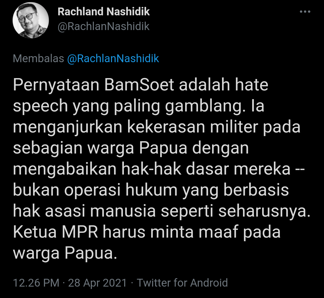 Tangkapan layar cuitan Rachland Nashidik terkait pernyataan Bambang Soesatyo soal penumpasan KKB di Papua.