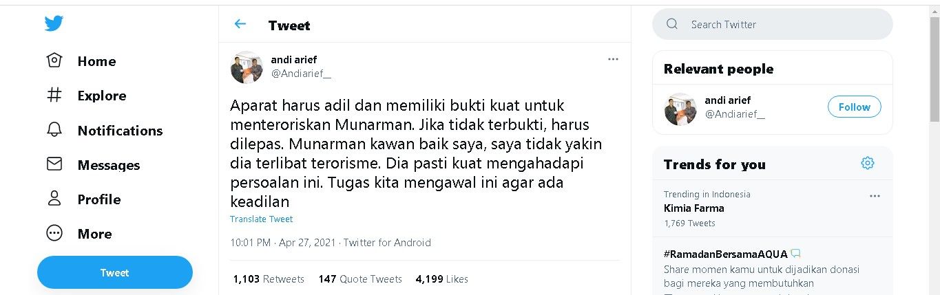 Cuitan Andi Arief soal penangkapan Munarman 