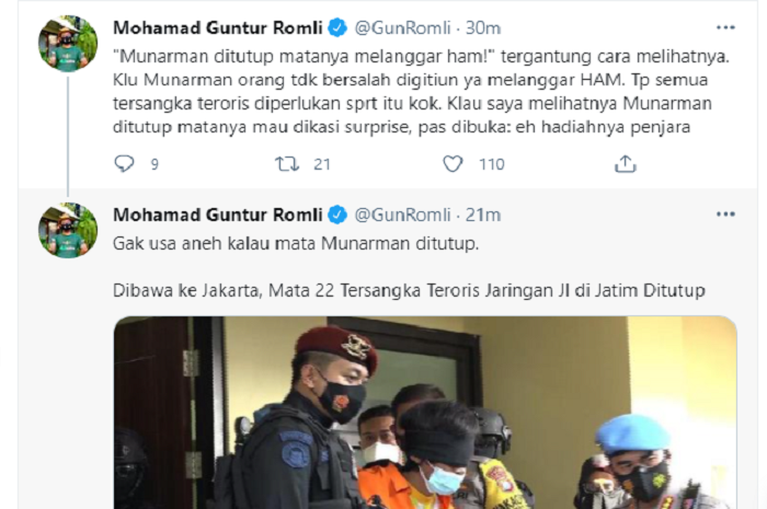 Cuitan Guntur Romli mengenai ditangkapnya Munarman dan ditangkapnya babi ngepet di Depok.